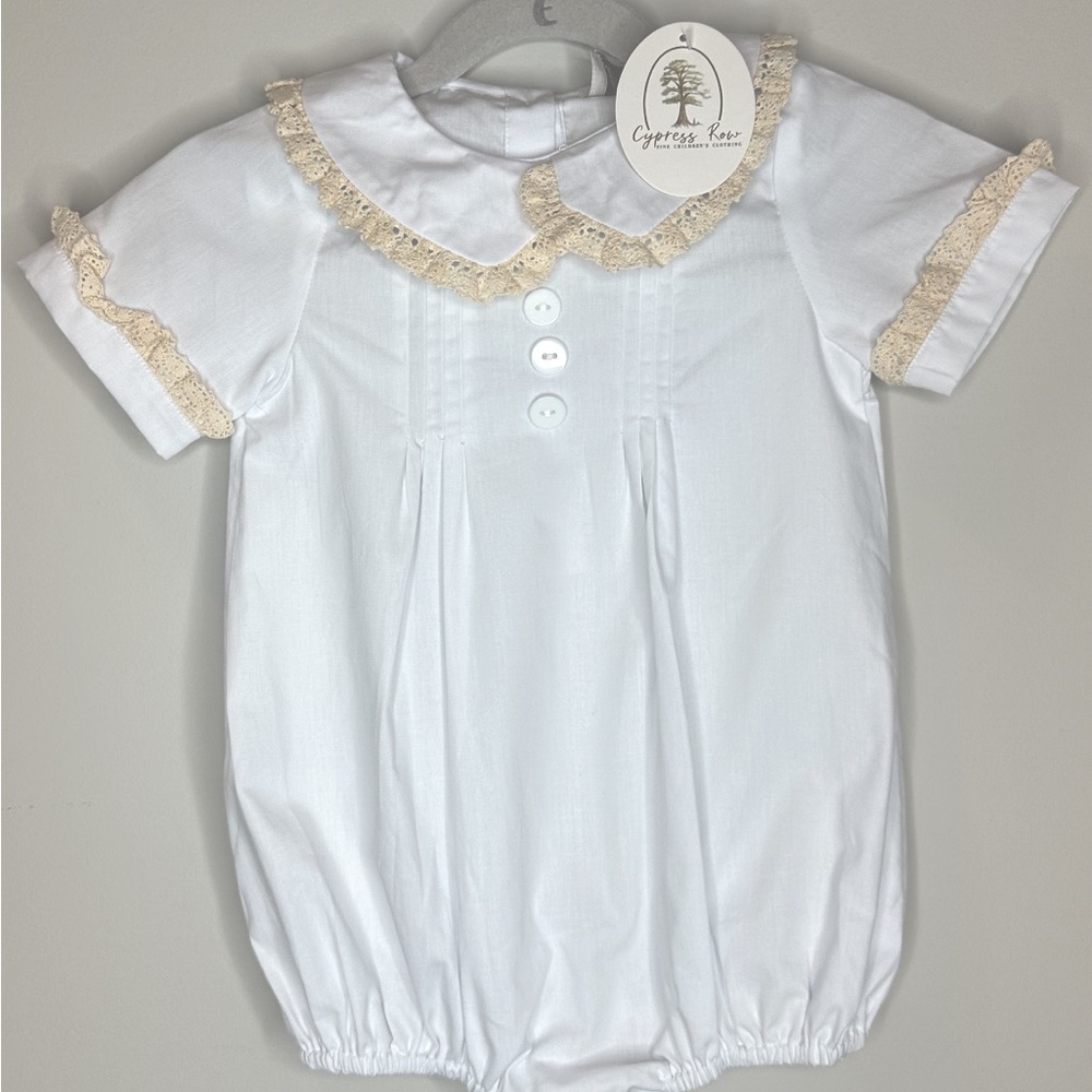 Cypress Row 24month bubble. Classic boy bubble.White with crochet trim. Heirloom